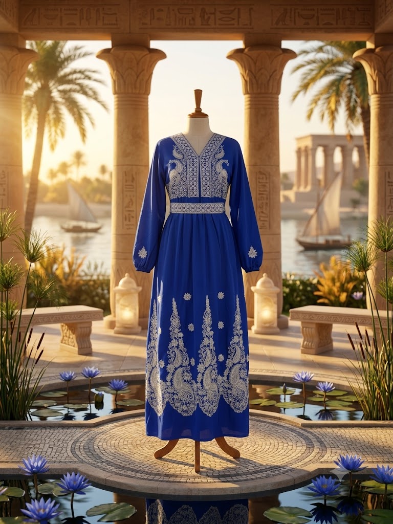 The Lapis Blossom Belted Gown - Hand-Embroidered Blue