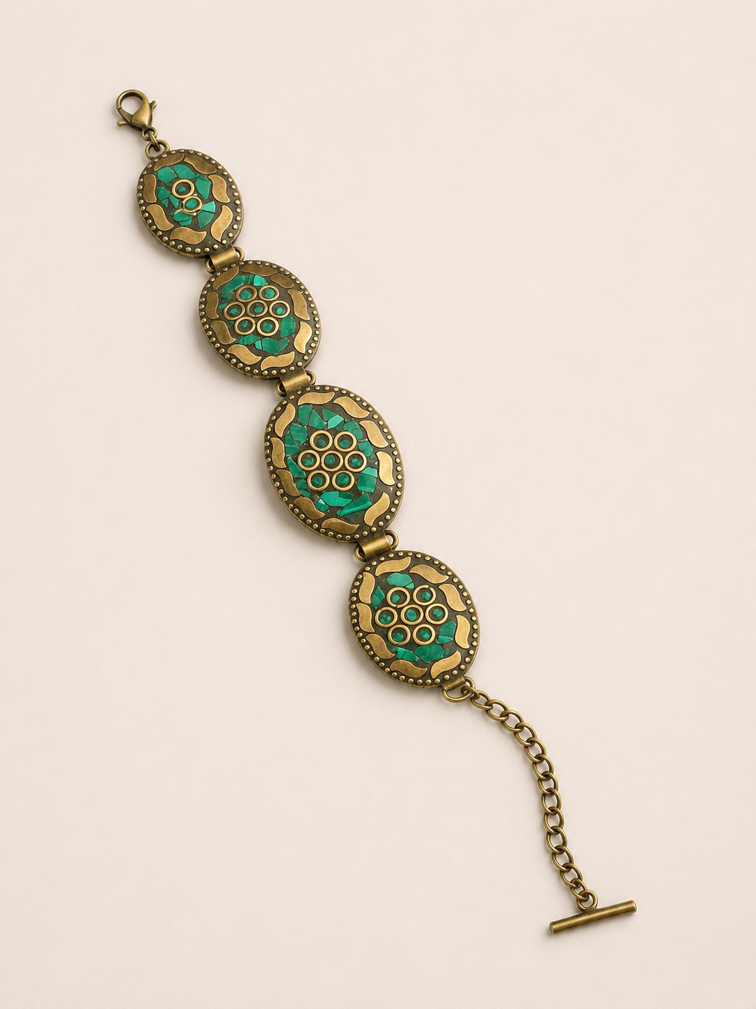 Authentic Malachite-Tone Mosaic Link Bracelet - Vintage Cairo Artisan Design