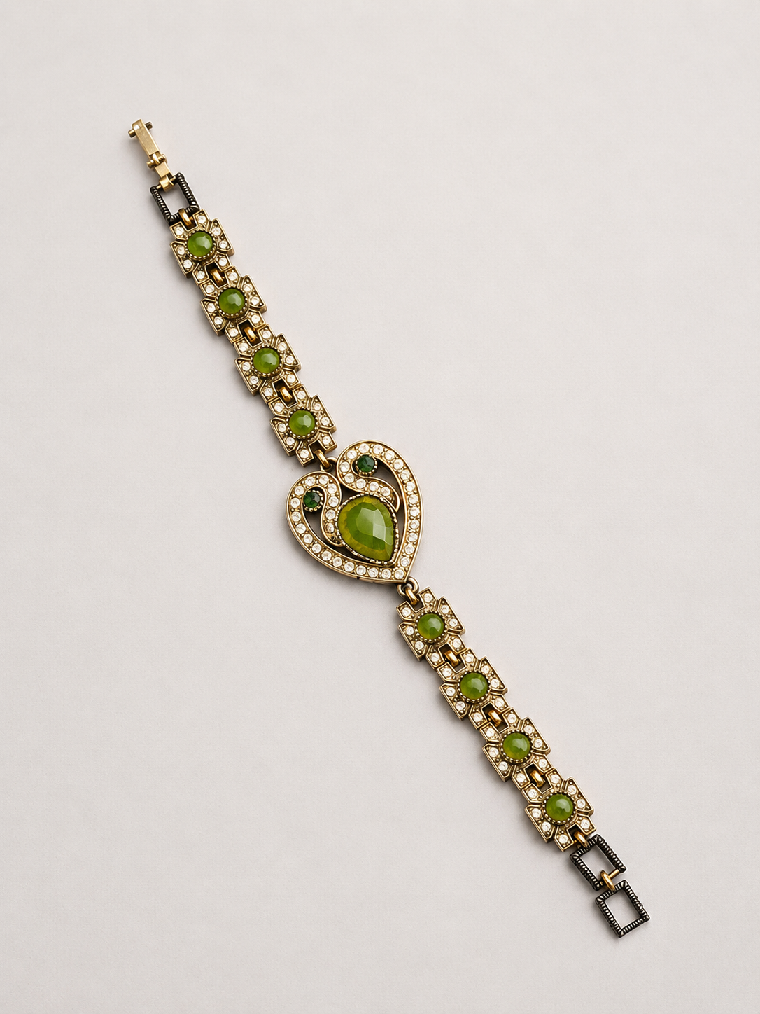 Authentic Emerald-Tone Heart Link Bracelet - Vintage Cairo Artisan Design