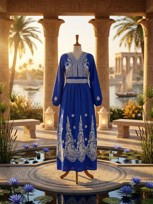 The Lapis Blossom Belted Gown - Hand-Embroidered Blue
