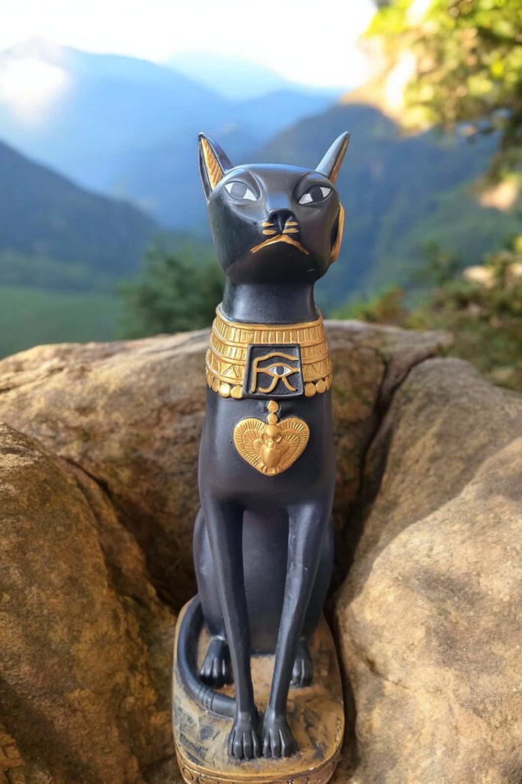 Bastet Egyptian Cat Statue – Handcrafted Black & Gold, 15”