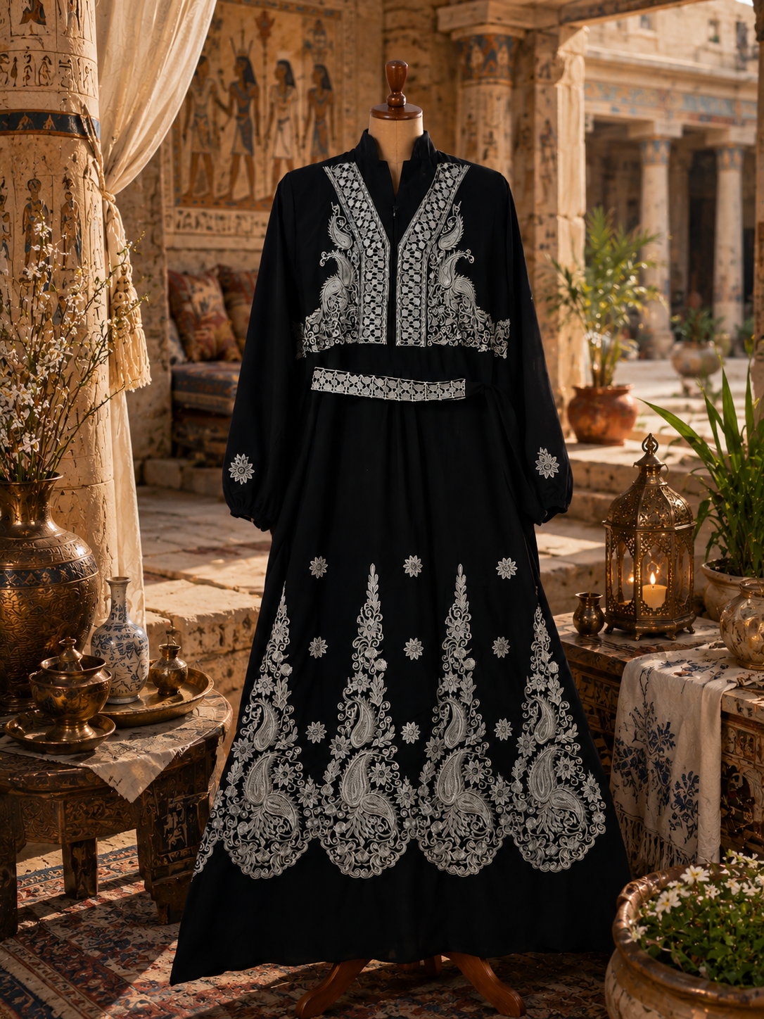 The Cairo Blossom Belted Gown - Hand-Embroidered Black