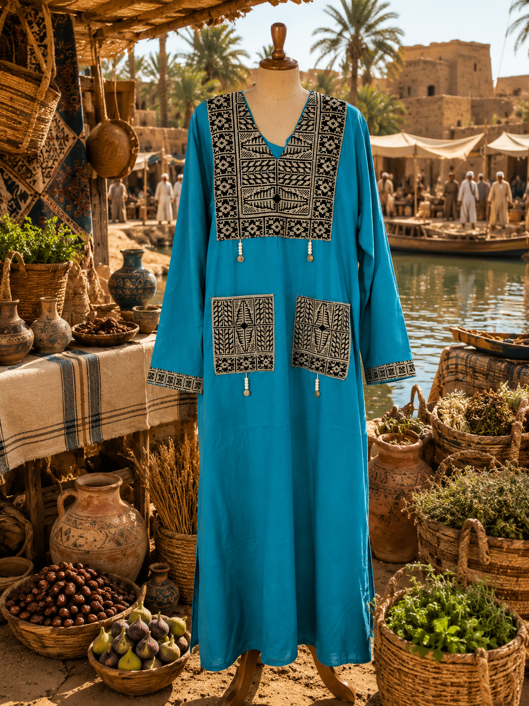 The Aswan Geometric Embroidered Tunic - Turquoise