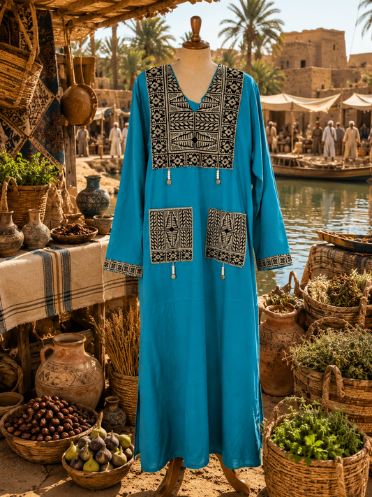 The Aswan Geometric Embroidered Tunic - Turquoise