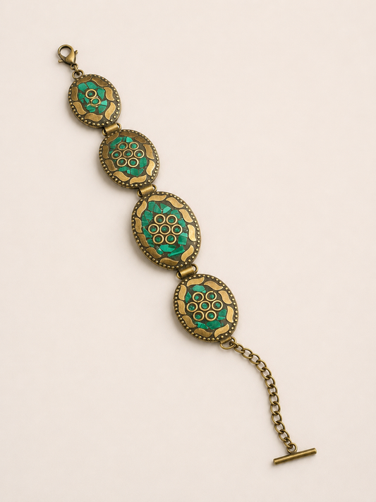 Authentic Malachite-Tone Mosaic Link Bracelet - Vintage Cairo Artisan Design