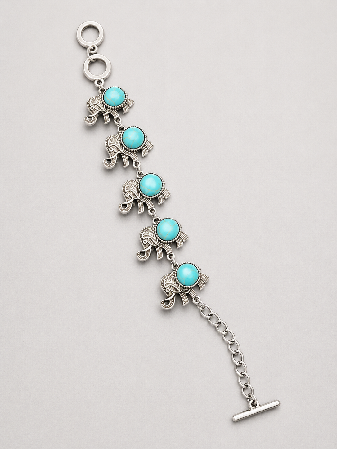 Authentic Turquoise Elephant Link Bracelet - Handcrafted Silver-Tone Design