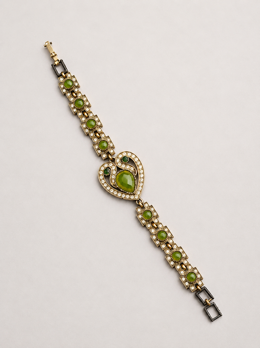 Authentic Emerald-Tone Heart Link Bracelet - Vintage Cairo Artisan Design