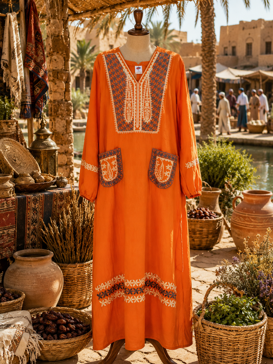 The Aswan Geometric Embroidered Tunic - Sunset Orange