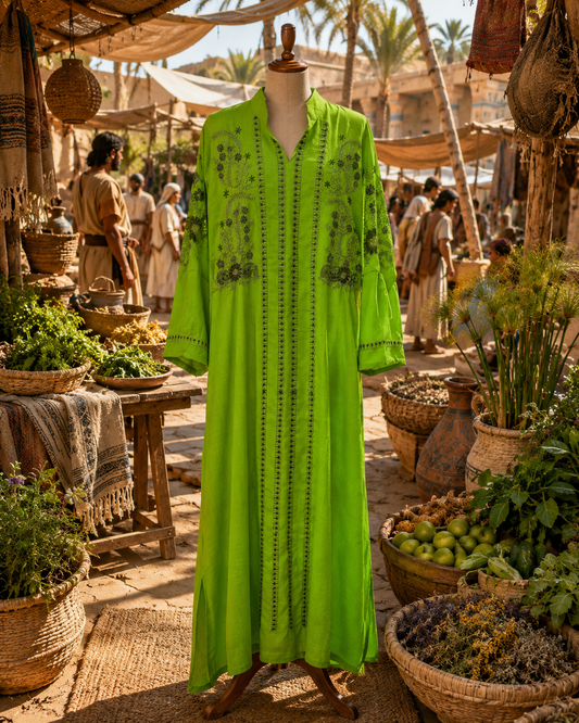 The Oasis Botanical Embroidered Kaftan - Vibrant Green