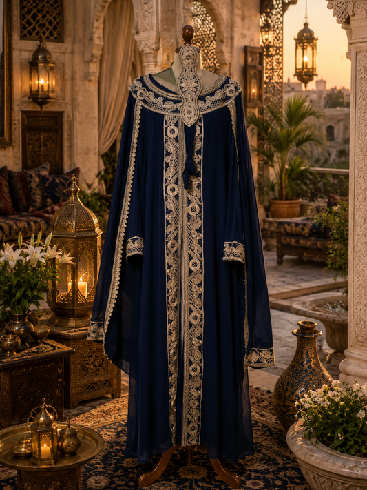The Royal Palace Embroidered Kaftan - Deep Blue & Gold