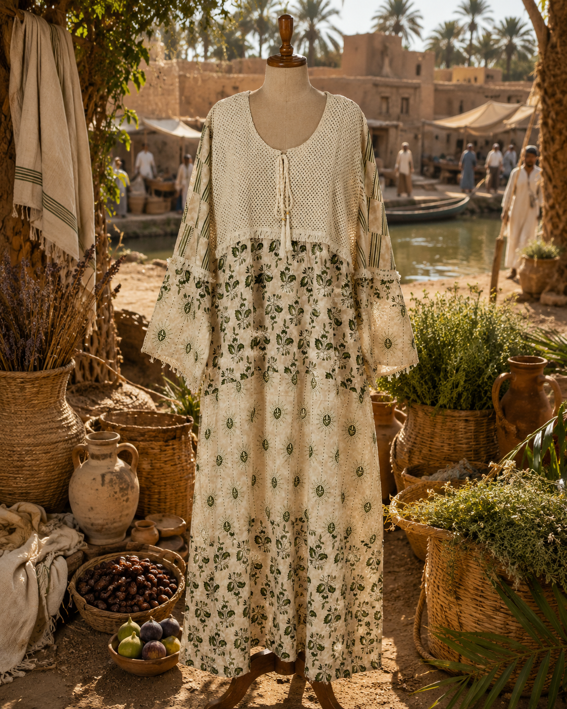 The Desert Oasis Crochet & Floral Gown - Cream & Sage
