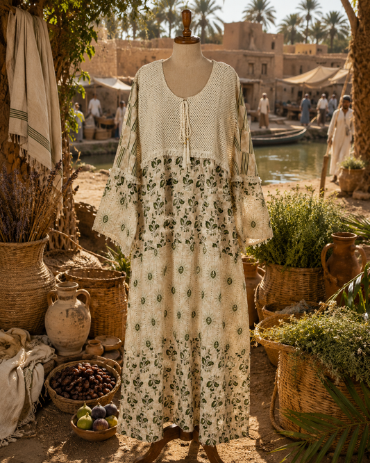 The Desert Oasis Crochet & Floral Gown - Cream & Sage